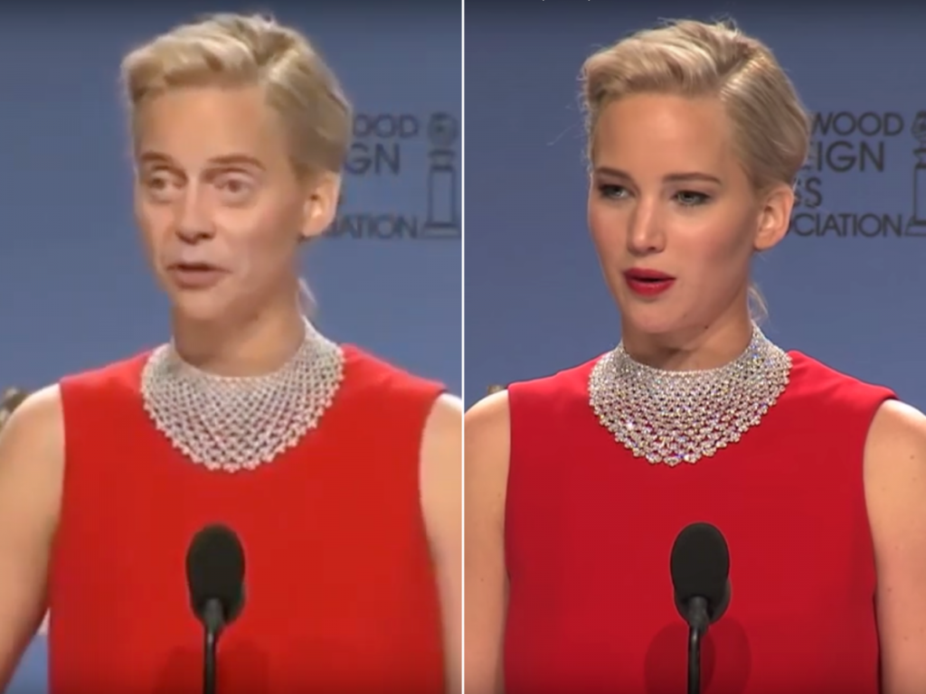 Woman's deepfake transformation in red dress