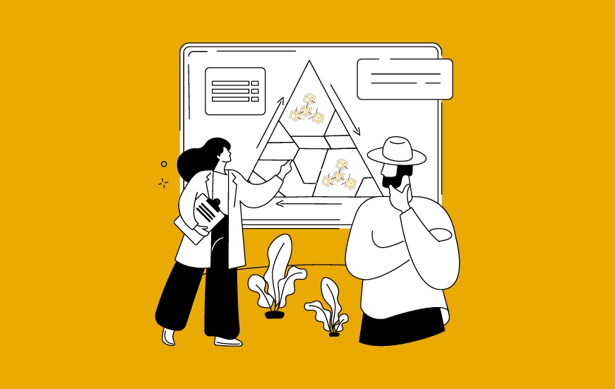 People analyzing blockchain triangle diagram